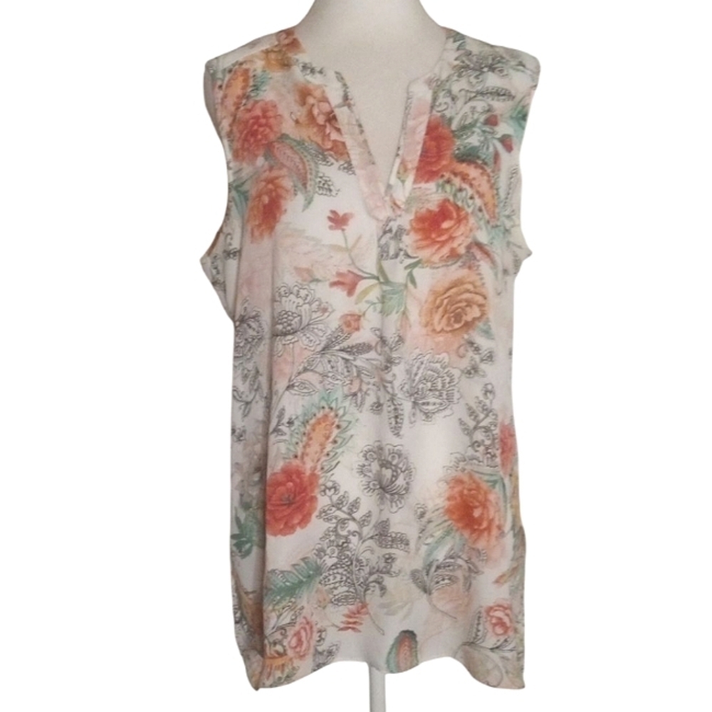 Anthropologie Sioni Sleeveless Floral Butterfly Print Split V Neck Blouse Large